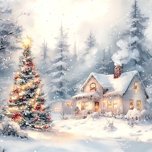 12 Christmas House, Christmas Village, Christmas Card, Christmas tree, Eve, Christmas night, Watercolor, Vinter Forest,  Clipart, JPG