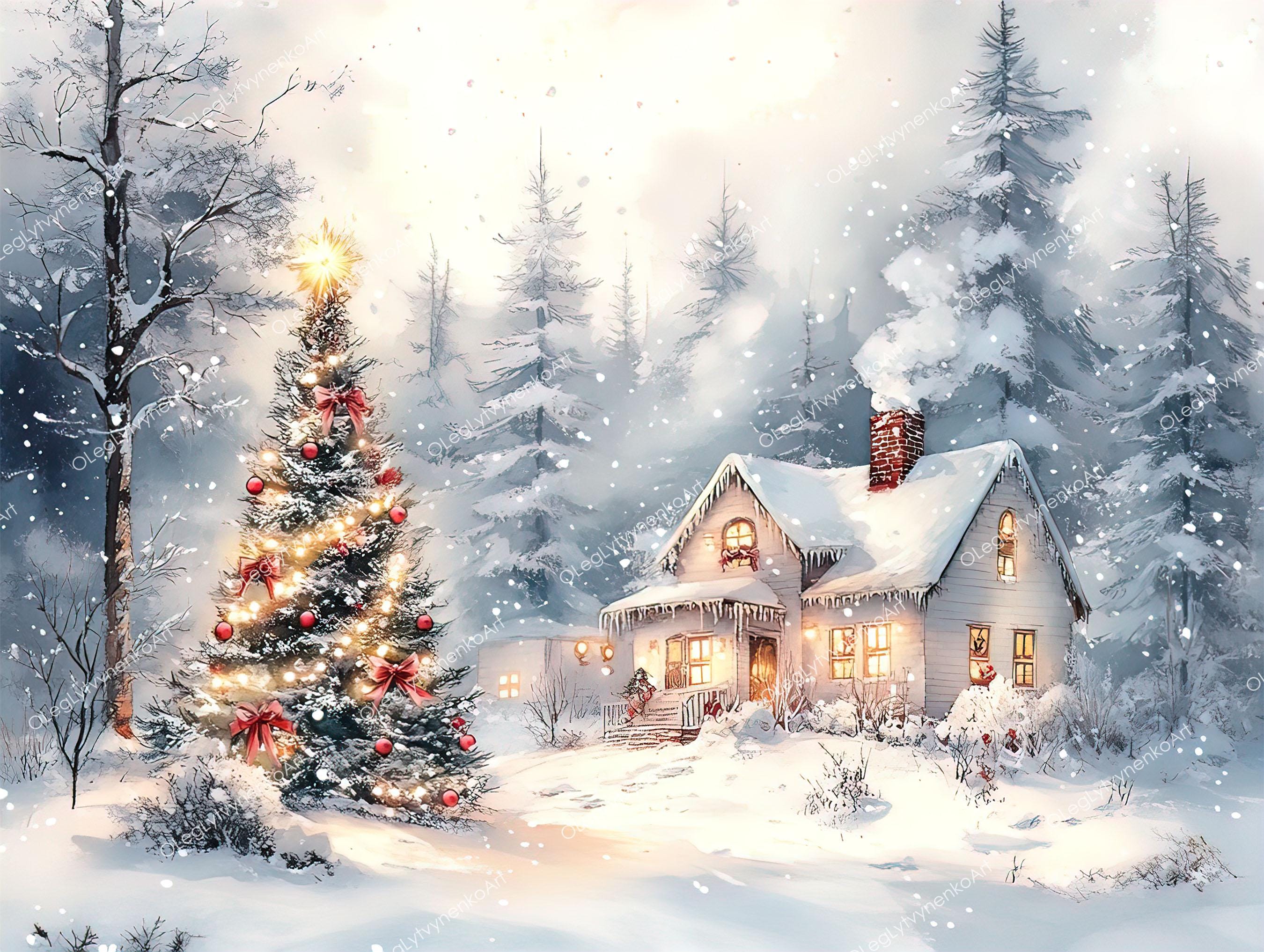 12 Casa di Natale, Villaggio di Natale, Biglietto di Natale, Albero di Natale, Vigilia, Notte di Natale, Acquerello, Foresta invernale, Clipart, JPG