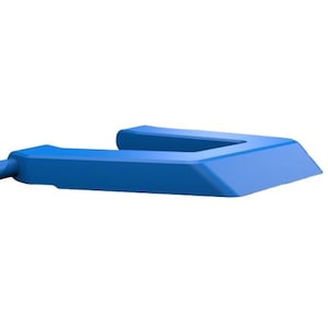 May include: A solid blue, U-shaped object with a cylindrical protrusion on one end. The object has a flat, angled surface on one side and a rectangular opening in the center. The design is simple and modern.