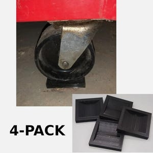 May include: Four black square furniture pads, designed to protect floors from damage caused by rolling casters. The pads are made of a durable material and are designed to be long-lasting. The image shows the pads in a 4-pack.