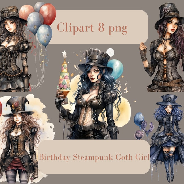 Birthday Steampunk Goth Girls Clipart PNG, Junk Journal Ephemera, Stickers, Scrapbooking, Digital Download, Commercial Use