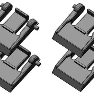 May include: Four gray, 3D-rendered mechanical components are stacked in pairs. Each component has a rectangular base with a central cutout and two curved arms with cylindrical protrusions. The design suggests a functional, possibly industrial, product.