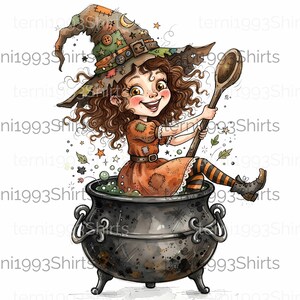Könnte beinhalten: Eine Cartoon-Illustration einer Figur mit lockigem Haar, die einen geflickten Hut und ein orangefarbenes Kleid trägt, in einem großen schwarzen Kessel sitzt und einen Holzlöffel hält. Das Bild zeigt verstreute Sterne und Blätter sowie den Text terni1993Shirts.