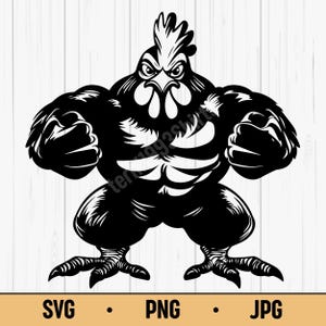 Muscular Chicken Sublimation SVG PNG JPG – Funny Strong Rooster Vector Design, Black Line Art Animal Clipart for T-Shirts, Stickers