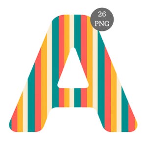 May include: A capital letter A featuring a vertical striped pattern in alternating colours of teal, yellow, cream, and coral red. A small grey circular badge in the upper right corner contains the white text 26 PNG.