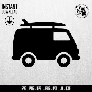 Könnte beinhalten: Schwarze Silhouette eines Vans mit Surfbrett auf dem Dach. Das Bild enthält den Text "INSTANT DOWNLOAD" mit einem Pfeil nach unten und "PNG DIGITAL DESIGN" in einem Kreis. Der untere Teil des Bildes enthält den Text "SVG, PNG, EPS, JPEG, PDF, AI, DXX."