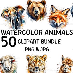 50 Watercolor Animals Clipart Bundle – Animal Bundle, Cute Animals Clipart, PNG Clipart