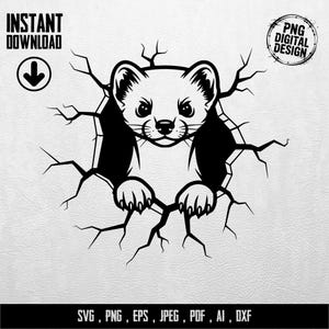 Könnte beinhalten: Ein schwarz-weißes digitales Design eines Wiesels, das durch eine zerbrochene Oberfläche bricht. Das Wiesel hat ein süßes Gesicht und Pfoten. Die Wörter "INSTANT DOWNLOAD" und "PNG DIGITAL DESIGN" sind ebenfalls im Bild. Dateitypen: SVG, PNG, EPS, JPEG, PDF, AI, DXF.