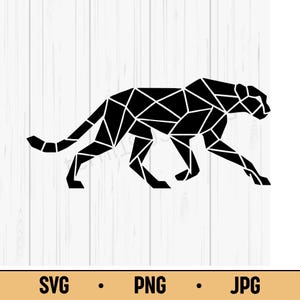 Peut inclure: Un design de guépard géométrique noir sur fond blanc. Le guépard est composé de triangles et de polygones interconnectés, lui donnant un aspect moderne et abstrait. Le texte "SVG • PNG • JPG" est inclus en bas de l'image.