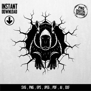 Könnte beinhalten: Schwarz-weißes digitales Design eines Capybaras, das durch eine Wand bricht. Das Bild enthält den Text "INSTANT DOWNLOAD" und "PNG DIGITAL DESIGN". Dateiformate sind SVG, PNG, EPS, JPEG, PDF, AI und DXF.
