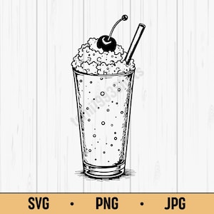 Pode incluir: Ilustração a preto e branco de um milkshake num copo alto, coberto com chantilly, uma cereja e uma palhinha. O copo tem bolhas e está sobre um fundo de madeira branca. A parte inferior da imagem tem o texto "SVG • PNG • JPG".