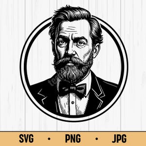 Könnte beinhalten: Schwarz-Weiß-Illustration eines Mannes mit Bart und Fliege, umrahmt von einem Kreis. Am unteren Rand des Bildes steht der Text "SVG • PNG • JPG", der Dateiformate angibt. Der Mann trägt einen Anzug.