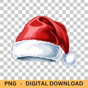 Könnte beinhalten: Ein roter Weihnachtsmannhut mit weißem, flauschigem Besatz und einem weißen Bommel. Der Hut ist digital gerendert und hat ein glänzendes Aussehen. Der Text "PNG • DIGITAL DOWNLOAD" befindet sich unten.