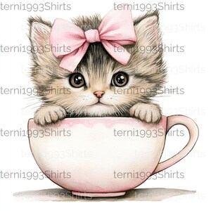 10 Adorable JPG Watercolor Illustration Cartoon Kittens in Teacups Clipart for DIY Crafts and Junk Journals, Digital Download