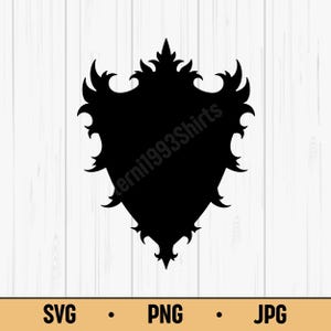 May include: Black shield-shaped graphic with ornate, pointed edges. The design features a central shield shape with decorative flourishes. The text "erni1993Shirts" is diagonally across the shield. Below the shield are the words "SVG", "PNG", and "JPG".