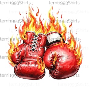 Peut inclure: Illustration à l'aquarelle de deux gants de boxe rouges entourés de flammes. Les gants sont détaillés avec des lacets blancs et un poignet noir et blanc. L'image contient le texte "terni1993Shirts" répété en haut et en bas.