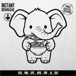 Cute Elephant Ramen Bowl Digital Art SVG Files, Instant Download, Vector Graphics for Cricut, Commercial Use, Digital Designs