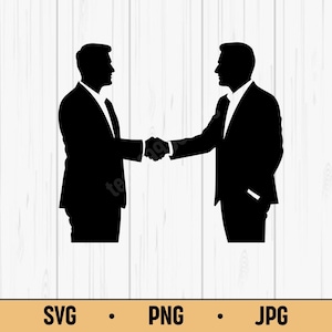 May include: Black silhouette of two people shaking hands, wearing suits. The image is a graphic design, with the words "SVG", "PNG", and "JPG" at the bottom. The background is a light wood grain pattern.