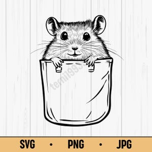 Cute Mouse in Pocket Sublimation SVG PNG JPG – Adorable Mouse Line Art Clipart, Black Vector Animal Design for T-Shirts, Stickers, Prints