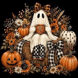 Cute Halloween Ghost PNG Holding Boo Yall Mug with Pumpkins and Fall Flowers for Sublimation Shirts Digital Download