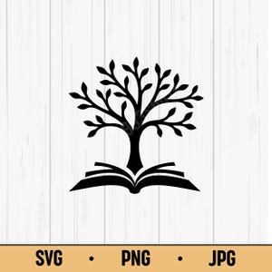 May include: Black silhouette of a tree with leafy branches atop an open book. The image is a graphic design, likely for digital use, with the file types SVG, PNG, and JPG displayed at the bottom. The background is a white wood grain.