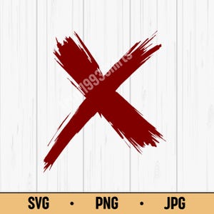 Könnte beinhalten: Ein großes, rotes 'X' dominiert das Bild, erstellt mit breiten Pinselstrichen, was eine Grunge- oder Used-Ästhetik suggeriert. Der Text "1993shirts" ist teilweise sichtbar. Darunter steht der Text "SVG", "PNG" und "JPG".