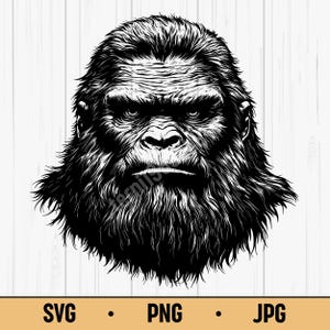 Könnte beinhalten: Schwarz-Weiß-Illustration eines Gorillakopfes mit ernstem Blick und dichtem Fell. Am unteren Rand steht "SVG • PNG • JPG", was auf die Dateiformate hinweist.