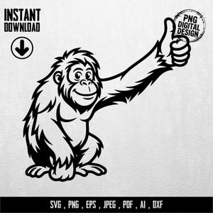 Thumbs Up Monkey SVG PNG Digital, Cute Ape Graphic Design Cut File for Cricut Silhouette Projects