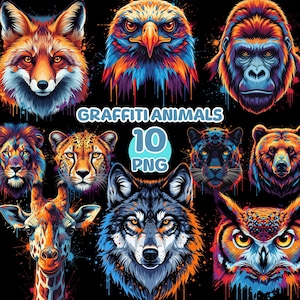 Könnte beinhalten: Eine Sammlung von zehn lebendigen Graffiti-Tierporträts auf schwarzem Hintergrund. Die Bilder zeigen einen Fuchs, einen Adler, einen Gorilla, einen Löwen, einen Geparden, einen Panther, einen Bären, eine Giraffe, einen Wolf und eine Eule. Der Text "GRAFFITI ANIMALS" und "10 PNG" ist ebenfalls vorhanden.