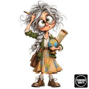 Op de afbeelding: Een cartoonillustratie van een persoon met warrig grijs haar, een grote bril en een potlood achter het oor. Ze draagt een groen vest, een rok met een kaartpatroon en bruine laarzen, en houdt een wereldbol en een opgerolde kaart vast. De tekst luidt TERNI1993 SHIRT'S.