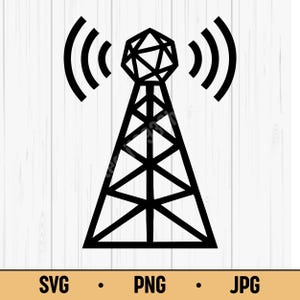 Pode incluir: Gráfico preto de uma torre de comunicação com um topo geométrico e ondas de sinal radiantes. A imagem inclui o texto "SVG • PNG • JPG" na parte inferior, indicando formatos de arquivo.