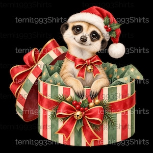 Könnte beinhalten: Ein Erdmännchen mit einer rot-weißen Weihnachtsmütze und Stechpalmenbeeren sitzt in einer runden Geschenkbox. Die Box ist mit roten und grünen Streifen, einer großen roten Schleife mit goldenen Glöckchen und Tannenzweigen verziert.