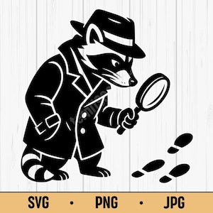 Detective Raccoon SVG PNG JPG – Cartoon Raccoon Detective Vector, Digital Download for Stickers, Cricut, Sublimation
