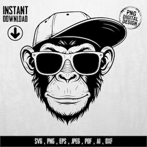 Könnte beinhalten: Schwarz-Weiß-Illustration eines Schimpansen mit Sonnenbrille und Baseballkappe. Der Text "INSTANT DOWNLOAD" und "PNG DIGITAL DESIGN" sind enthalten. Dateiformate: SVG, PNG, EPS, JPEG, PDF, AI, DXF.
