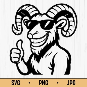 Cool Ram SVG PNG JPG – Cartoon Ram with Sunglasses and Thumbs Up, Vector for Shirts & Stickers