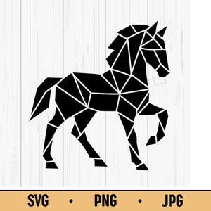 May include: A black geometric horse design. The horse is composed of interconnected triangles and polygons, creating a modern, abstract aesthetic. The image includes the text "SVG • PNG • JPG" at the bottom.