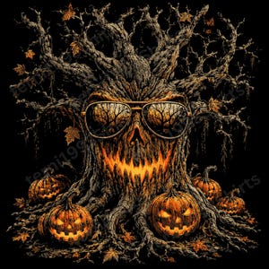 Könnte beinhalten: Eine grafische Illustration eines knorrigen, dunklen Baumes mit einem totenkopfartigen Gesicht, das eine Fliegerbrille trägt, mit leuchtend orangefarbenem Mund und Augen. Vier geschnitzte Kürbisse mit leuchtenden Gesichtern stehen am Baumfuß.