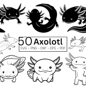 Könnte beinhalten: Eine Sammlung von 50 Axolotl-Designs in Schwarz und Weiß. Das Bild enthält verschiedene Axolotl-Illustrationen, einige als Silhouette und andere mit detaillierten Strichzeichnungen. Der Text lautet "50 Axolotl" mit den Dateityp-Optionen: SVG, PNG, DXF, EPS und PDF.