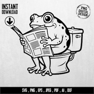 Könnte beinhalten: Schwarz-weiße digitale Illustration einer Froschfigur, die auf einer Toilette Zeitung liest. Der Frosch hat schwarze Flecken und große Augen. Text enthält "SOFORTIGER DOWNLOAD" und "PNG DIGITAL DESIGN". Dateiformate: SVG, PNG, EPS, JPEG, PDF, AI, DXF.