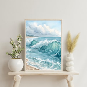 Impresión de póster de acuarela del océano, impresión artística de olas del mar, arte mural de playa, impresión costera, decoración de pared, impresión artística de surf, descarga digital