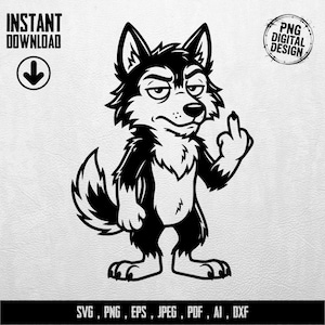 Könnte beinhalten: Schwarz-weiße Cartoon-Illustration eines Wolfs, der den Mittelfinger zeigt. Der Text "INSTANT DOWNLOAD" mit einem Pfeil nach unten und "PNG DIGITAL DESIGN" in einem Kreis sind enthalten. Am unteren Rand steht "SVG, PNG, EPS, JPEG, PDF, AI, DXF".