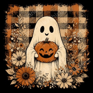 Könnte beinhalten: Eine grafische Illustration eines weißen Geistes, der einen orangefarbenen Kürbis mit geschnitztem Gesicht hält. Der Geist ist vor einem orange-schwarzen Karomuster zentriert und von detaillierten herbstlichen Blumen und Blättern in Orange und Braun umgeben.