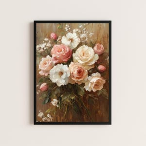 Póster vintage de ramo de flores (impresión digital, descargable), pintura al óleo, arte mural de rosas, arte floral, decoración de paredes