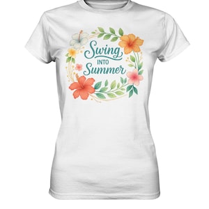 Swing Into Summer T-Shirt – Floral Summer Shirt with Flower Wreath, Tropical Shirt for Women, Hibiscus Design – Ladies Premium Shirt