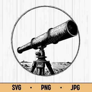 Könnte beinhalten: Schwarz-Weiß-Illustration eines Teleskops auf einem Stativ, umrahmt von einem Kreis. Die detaillierte Zeichnung zeigt das Teleskop und seinen Ständer, mit einer Küstenlandschaft im Hintergrund. Der Text "SVG • PNG • JPG" ist ebenfalls enthalten.