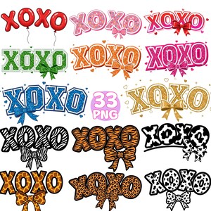 Könnte beinhalten: Eine Sammlung von XOXO-Grafiken in verschiedenen Stilen, darunter Glitzer, Tiermuster und Ballon-Designs. Jede Grafik ist mit einer Schleife oder einem Band versehen. Das Bild enthält auch den Text "33 PNG".