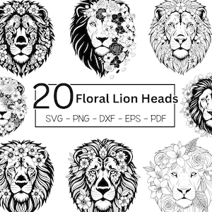 Könnte beinhalten: Eine Sammlung von 20 floralen Löwenkopf-Designs in Schwarz und Weiß. Die Löwenköpfe sind mit verschiedenen Blumenarrangements verziert. Das Bild enthält den Text "20 Floral Lion Heads" und Dateitypoptionen: SVG, PNG, DXF, EPS und PDF.