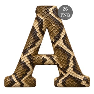 May include: The capital letter A is rendered with a realistic brown, black, and cream-colored snake skin texture. A circular gray badge in the upper right corner displays the white text 26 PNG, indicating a digital file format.