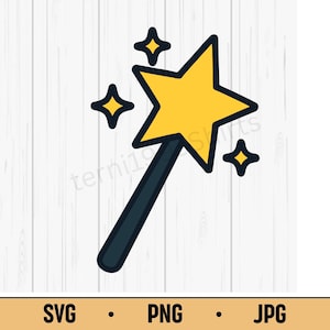 Könnte beinhalten: Ein gelber sternförmiger Zauberstab mit schwarzem Griff und drei kleineren gelben Sternen. Das Bild ist eine digitale Illustration mit einem weißen Holzmaserungshintergrund. Der untere Teil des Bildes enthält den Text "SVG • PNG • JPG".