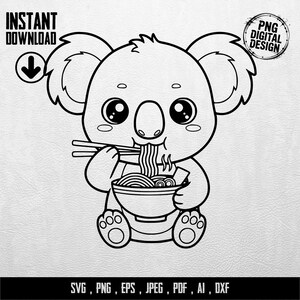 Könnte beinhalten: Schwarz-weiße digitale Illustration eines Koalas, der Ramen-Nudeln mit Stäbchen isst. Der Koala hat große Augen. Der Text enthält "INSTANT DOWNLOAD", "PNG DIGITAL DESIGN" und Dateitypoptionen: SVG, PNG, EPS, JPEG, PDF, AI, DXX.